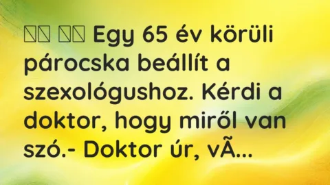 Viccek:
Egy 65 év körüli párocska beállít a… Viccek:
Egy 65 év körüli párocska beállít a…