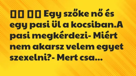 Viccek:
Egy szőke nő és egy pasi ül a kocsiban.A pasi… Viccek:
Egy szőke nő és egy pasi ül a kocsiban.A pasi…