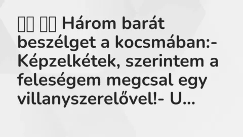 Viccek: 
		  
		  Három barát beszélget a kocsmában:-…
