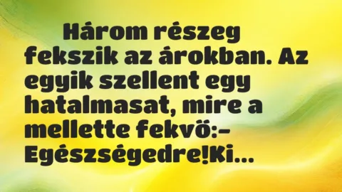 Viccek:
Három részeg fekszik az árokban. Az egyik… Viccek:
Három részeg fekszik az árokban. Az egyik…