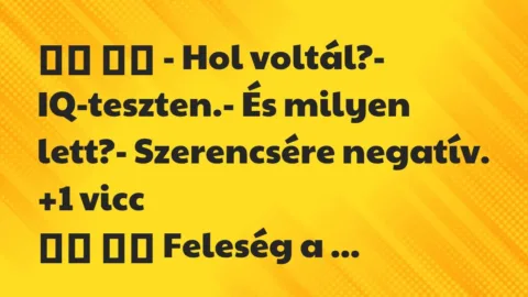Viccek:
– Hol voltál?- IQ-teszten.- És milyen… Viccek:
– Hol voltál?- IQ-teszten.- És milyen…