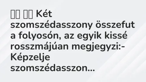 Viccek:
Két szomszédasszony összefut a folyosón, az egyik… Viccek:
Két szomszédasszony összefut a folyosón, az egyik…
