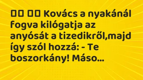 Viccek: 
		  
		  Kovács a nyakánál fogva kilógatja az anyósát a…