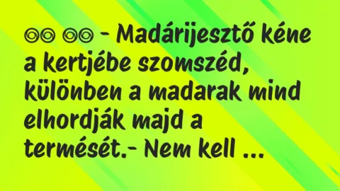 Viccek:
– Madárijesztő kéne a kertjébe szomszéd, különben… Viccek:
– Madárijesztő kéne a kertjébe szomszéd, különben…