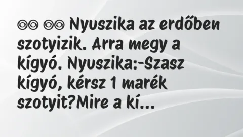 Viccek: 
		  
		  Nyuszika az erdőben szotyizik. Arra megy a kígyó….