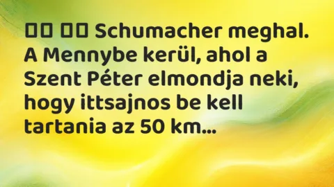 Viccek:
Schumacher meghal. A Mennybe kerül, ahol a Szent … Viccek:
Schumacher meghal. A Mennybe kerül, ahol a Szent …