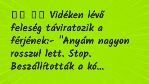 Viccek: 
		  
		  Vidéken lévő feleség táviratozik a férjének:-…