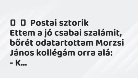 Vicces történet: 
	    	    Postai sztorik


Ettem a jó csabai szalámit, bőrét…