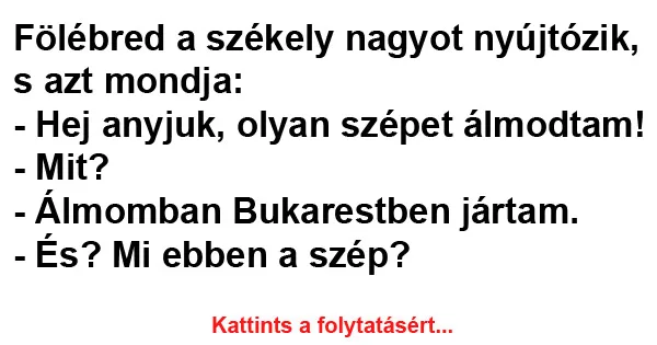 Vicc: Fölébred a székely nagyot nyújtózik, s azt mondja Vicc: Fölébred a székely nagyot nyújtózik, s azt mondja