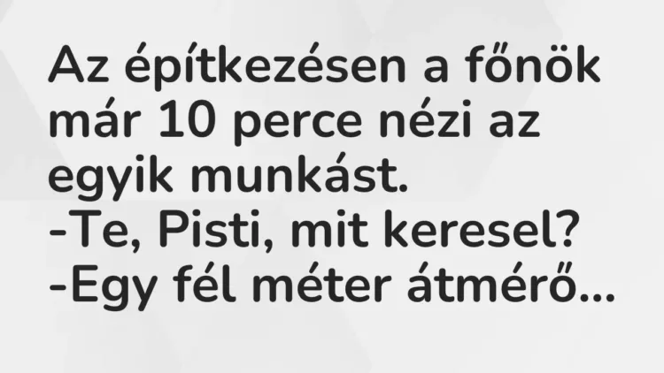 Az építkezésen a főnök már 10 perce nézi az egyik munkást.
-Te,… – Vicc Az építkezésen a főnök már 10 perce nézi az egyik munkást.
-Te,… – Vicc