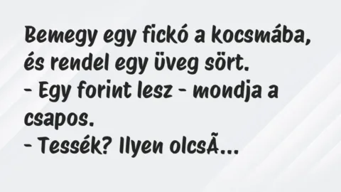 Bemegy egy fickó a kocsmába, és rendel egy üveg sört.

– Egy… – Vicc