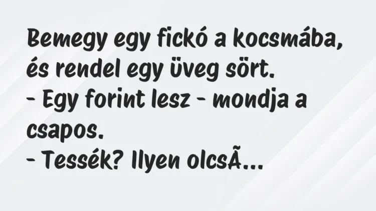 Bemegy egy fickó a kocsmába, és rendel egy üveg sört.
– Egy… – Vicc Bemegy egy fickó a kocsmába, és rendel egy üveg sört.
– Egy… – Vicc
