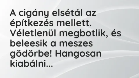 Vicc: A cigány elsétál az építkezés mellett. Véletlenül megbotlik, és… Vicc: A cigány elsétál az építkezés mellett. Véletlenül megbotlik, és…