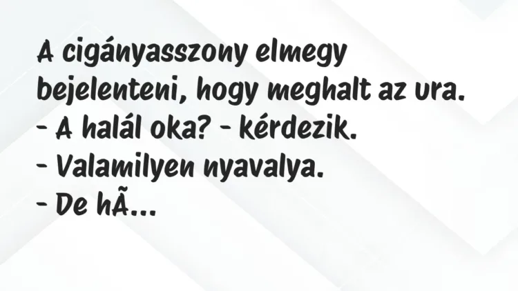 Vicc: A cigányasszony elmegy bejelenteni, hogy meghalt az ura.
– A… Vicc: A cigányasszony elmegy bejelenteni, hogy meghalt az ura.
– A…