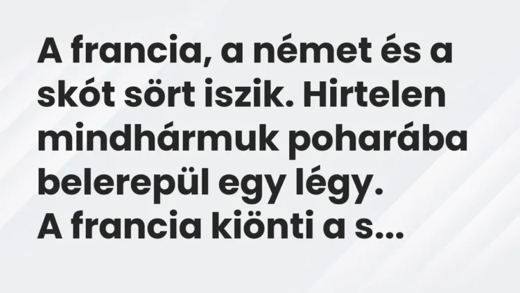 Vicc: A francia, a német és a skót sört iszik. Hirtelen mindhármuk poharába… Vicc: A francia, a német és a skót sört iszik. Hirtelen mindhármuk poharába…