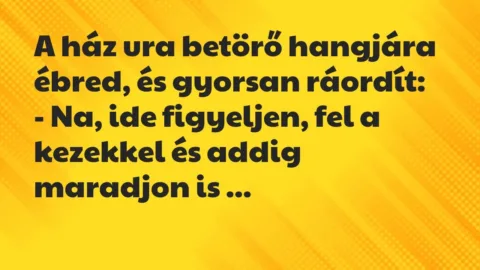 Vicc: A ház ura betörő hangjára ébred, és gyorsan ráordít:

– Na, ide…