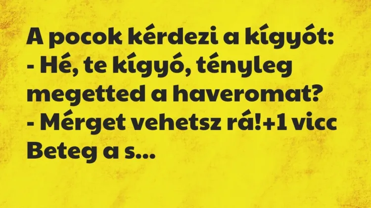 Vicc: A pocok kérdezi a kígyót:
– Hé, te kígyó, tényleg megetted a… Vicc: A pocok kérdezi a kígyót:
– Hé, te kígyó, tényleg megetted a…