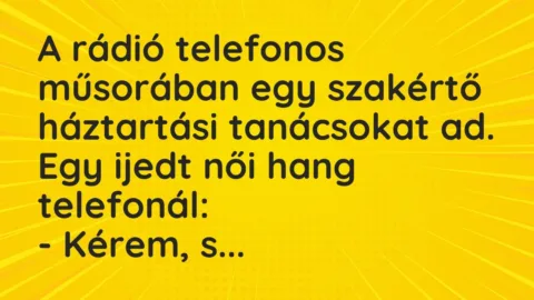 Vicc: A rádió telefonos műsorában egy szakértő háztartási tanácsokat ad. Egy… Vicc: A rádió telefonos műsorában egy szakértő háztartási tanácsokat ad. Egy…