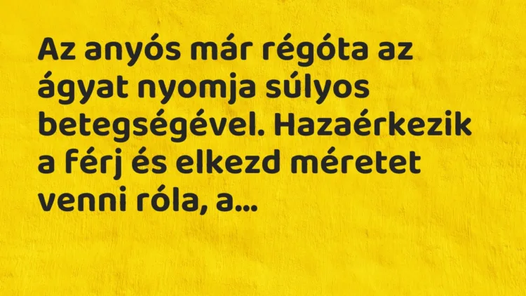 Vicc: Az anyós már régóta az ágyat nyomja súlyos betegségével. Hazaérkezik a… Vicc: Az anyós már régóta az ágyat nyomja súlyos betegségével. Hazaérkezik a…