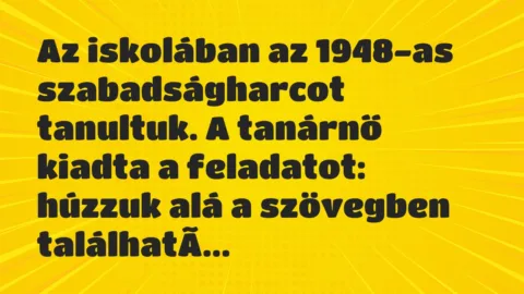Vicc: Az iskolában az 1948-as szabadságharcot tanultuk. A tanárnő kiadta a…