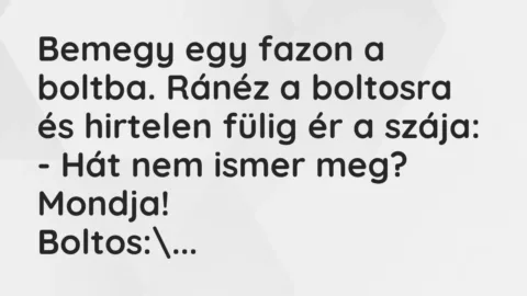 Vicc: Bemegy egy fazon a boltba. Ránéz a boltosra és hirtelen fülig ér a…