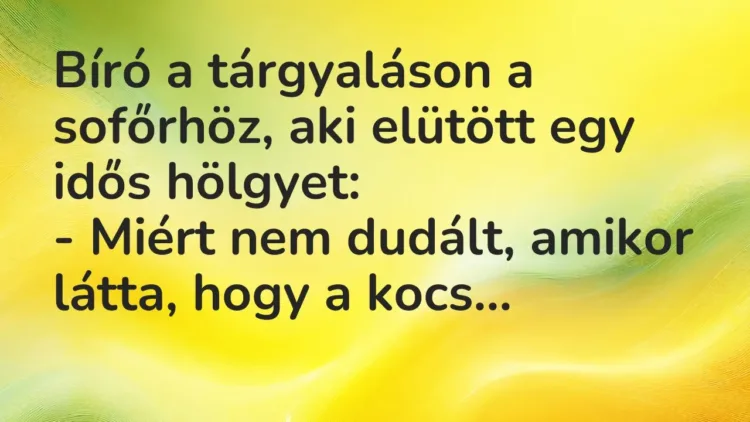 Vicc: Bíró a tárgyaláson a sofőrhöz, aki elütött egy idős hölgyet:
-… Vicc: Bíró a tárgyaláson a sofőrhöz, aki elütött egy idős hölgyet:
-…