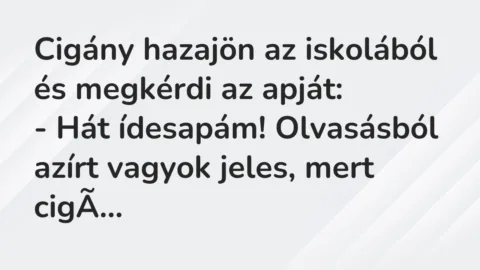 Vicc: Cigány hazajön az iskolából és megkérdi az apját:
– Hát ídesapám!… Vicc: Cigány hazajön az iskolából és megkérdi az apját:
– Hát ídesapám!…