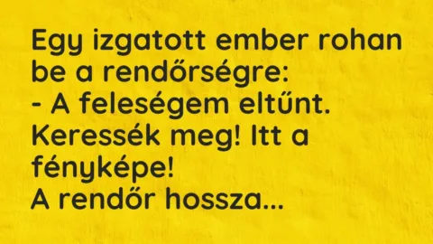 Vicc: Egy izgatott ember rohan be a rendőrségre:
– A feleségem eltűnt…. Vicc: Egy izgatott ember rohan be a rendőrségre:
– A feleségem eltűnt….