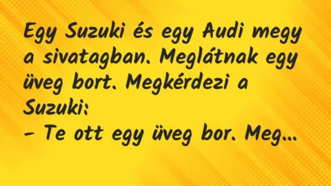 Vicc: Egy Suzuki és egy Audi megy a sivatagban. Meglátnak egy üveg bort…. Vicc: Egy Suzuki és egy Audi megy a sivatagban. Meglátnak egy üveg bort….