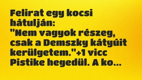 Vicc: Felirat egy kocsi hátulján:

„Nem vagyok részeg, csak a Demszky…