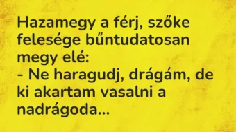 Vicc: Hazamegy a férj, szőke felesége bűntudatosan megy elé: – Ne… Vicc: Hazamegy a férj, szőke felesége bűntudatosan megy elé: – Ne…