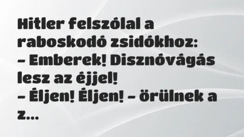 Vicc: Hitler felszólal a raboskodó zsidókhoz:

– Emberek! Disznóvágás…