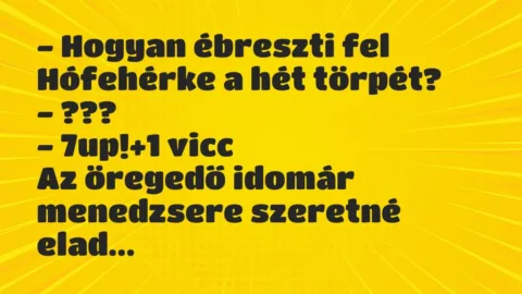 Vicc: – Hogyan ébreszti fel Hófehérke a hét törpét?

– ???

– 7up!