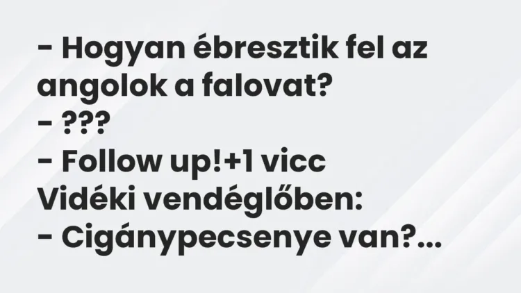 Vicc: – Hogyan ébresztik fel az angolok a falovat?
– ???
– Follow… Vicc: – Hogyan ébresztik fel az angolok a falovat?
– ???
– Follow…