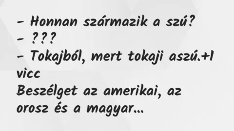Vicc: – Honnan származik a szú?
– ???
– Tokajból, mert tokaji… Vicc: – Honnan származik a szú?
– ???
– Tokajból, mert tokaji…