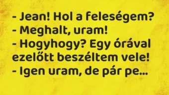 Vicc: – Jean! Hol a feleségem? – Meghalt, uram! – Hogyhogy? Egy…