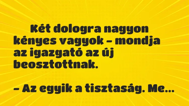Vicc:
Két dologra nagyon kényes vagyok – mondja az igazgató az új… Vicc:
Két dologra nagyon kényes vagyok – mondja az igazgató az új…