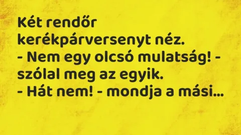 Vicc: Két rendőr kerékpárversenyt néz.

– Nem egy olcsó mulatság! -…