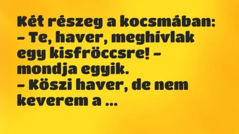 Vicc: Két részeg a kocsmában:

– Te, haver, meghívlak egy kisfröccsre! -…