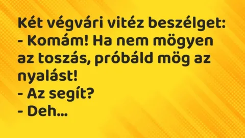 Vicc: Két végvári vitéz beszélget:
– Komám! Ha nem mögyen az toszás,… Vicc: Két végvári vitéz beszélget:
– Komám! Ha nem mögyen az toszás,…