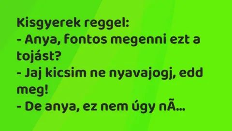 Vicc: Kisgyerek reggel:
– Anya, fontos megenni ezt a tojást?
– Jaj… Vicc: Kisgyerek reggel:
– Anya, fontos megenni ezt a tojást?
– Jaj…