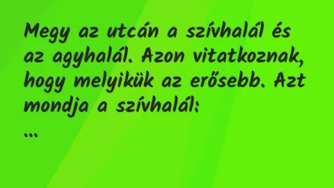 Vicc: Megy az utcán a szívhalál és az agyhalál. Azon vitatkoznak, hogy… Vicc: Megy az utcán a szívhalál és az agyhalál. Azon vitatkoznak, hogy…