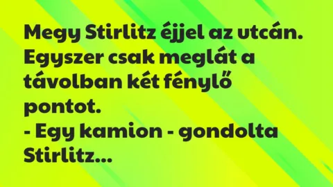 Vicc: Megy Stirlitz éjjel az utcán. Egyszer csak meglát a távolban két…