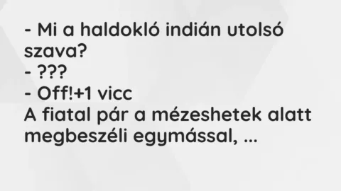 Vicc: – Mi a haldokló indián utolsó szava?
– ???
– Off! Vicc: – Mi a haldokló indián utolsó szava?
– ???
– Off!
