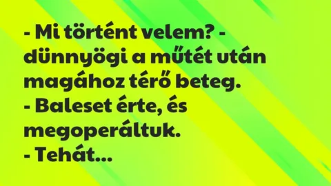 Vicc: – Mi történt velem? – dünnyögi a műtét után magához térő beteg.
-… Vicc: – Mi történt velem? – dünnyögi a műtét után magához térő beteg.
-…
