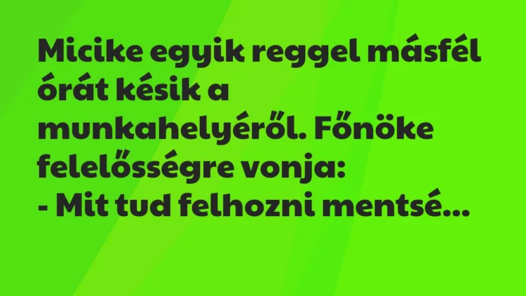 Vicc: Micike egyik reggel másfél órát késik a munkahelyéről. Főnöke… Vicc: Micike egyik reggel másfél órát késik a munkahelyéről. Főnöke…