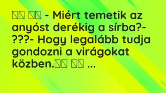 Vicc:
– Miért temetik az anyóst derékig a sírba?-… Vicc:
– Miért temetik az anyóst derékig a sírba?-…