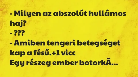 Vicc: – Milyen az abszolút hullámos haj?
– ???
– Amiben tengeri… Vicc: – Milyen az abszolút hullámos haj?
– ???
– Amiben tengeri…