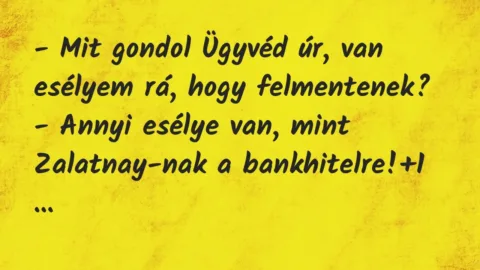 Vicc: – Mit gondol Ügyvéd úr, van esélyem rá, hogy felmentenek?
– Annyi… Vicc: – Mit gondol Ügyvéd úr, van esélyem rá, hogy felmentenek?
– Annyi…