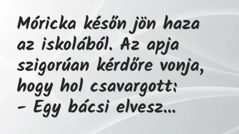 Vicc: Móricka későn jön haza az iskolából. Az apja szigorúan kérdőre vonja,… Vicc: Móricka későn jön haza az iskolából. Az apja szigorúan kérdőre vonja,…